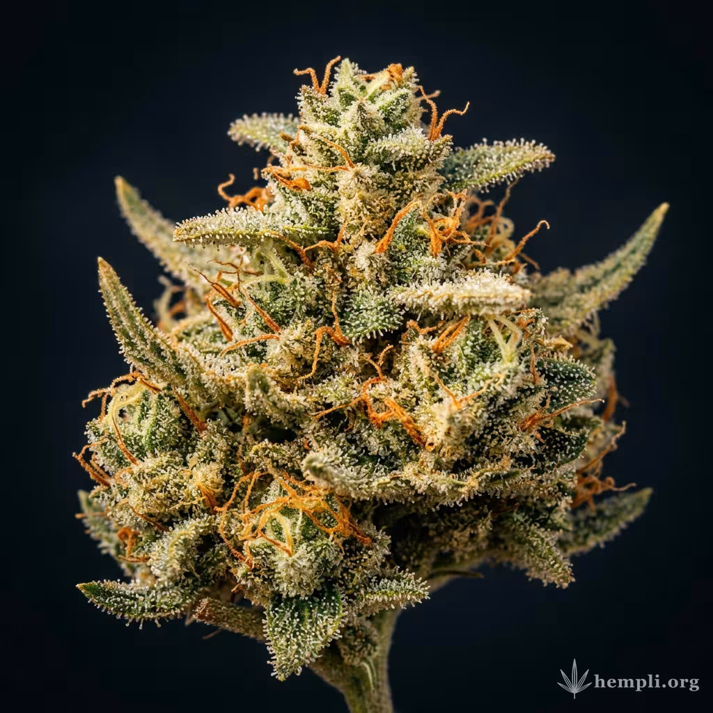 Nahaufnahme einer harzigen Sweet Mango Autoflowering-Blüte mit dichten Trichomen und orangefarbenen Blütenstempeln