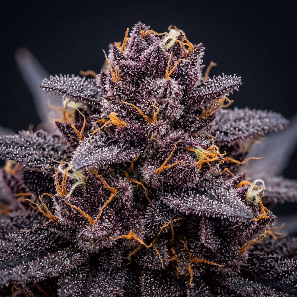 Nahaufnahme einer harzigen Sweet Purple-Blüte mit dichten Trichomen und orangefarbenen Blütenstempeln