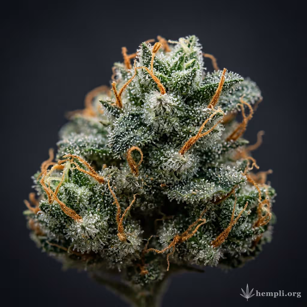 Nahaufnahme einer harzigen Sweet Skunk Autoflowering-Blüte mit dichten Trichomen und orangefarbenen Blütenstempeln