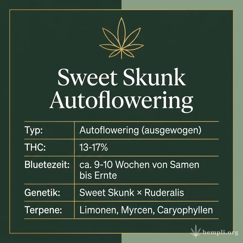 Infografik mit Sweet Skunk Autoflowering Key Facts: Typ Autoflowering (ausgewogen), THC 13-17%, Bluetezeit ca. 9-10 Wochen von Samen bis Ernte, Genetik Sweet Skunk × Ruderalis und Terpene Limonen, Myrcen, Caryophyllen