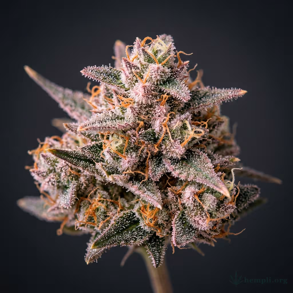 Nahaufnahme einer harzigen Sweet Tooth Autoflowering-Blüte mit dichten Trichomen und orangefarbenen Blütenstempeln