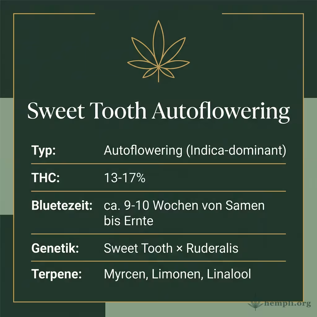 Infografik mit Sweet Tooth Autoflowering Key Facts: Typ Autoflowering (Indica-dominant), THC 13-17%, Bluetezeit ca. 9-10 Wochen von Samen bis Ernte, Genetik Sweet Tooth × Ruderalis und Terpene Myrcen, Limonen, Linalool