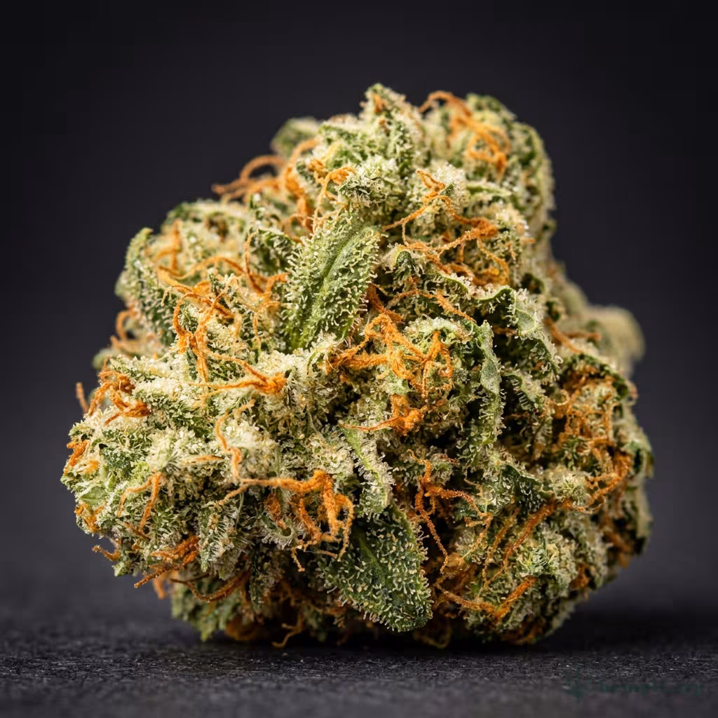 Nahaufnahme einer harzigen Tangerine Dream Autoflowering-Blüte mit dichten Trichomen und orangefarbenen Blütenstempeln