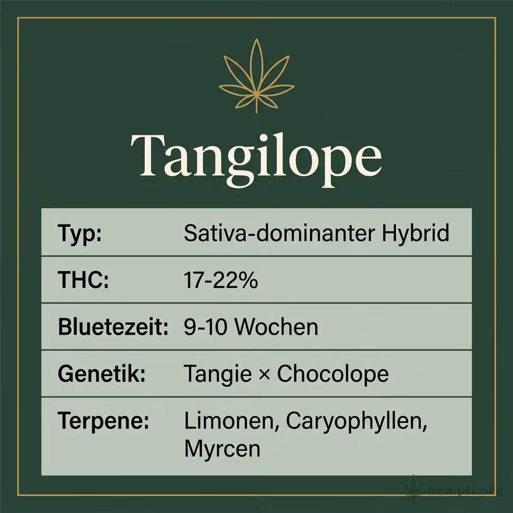 Infografik mit Tangilope Key Facts: Typ Sativa-dominanter Hybrid, THC 17-22%, Bluetezeit 9-10 Wochen, Genetik Tangie × Chocolope und Terpene Limonen, Caryophyllen, Myrcen