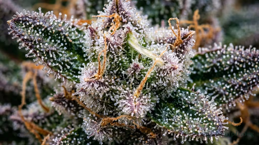 Makroaufnahme glitzernder Cannabis-Trichome mit Harz – hier entstehen die Terpene