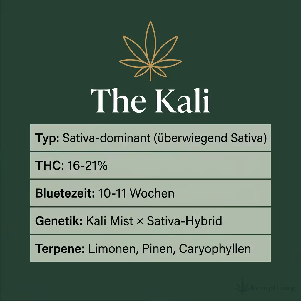 Infografik mit The Kali Key Facts: Typ Sativa-dominant (überwiegend Sativa), THC 16-21%, Bluetezeit 10-11 Wochen, Genetik Kali Mist × Sativa-Hybrid und Terpene Limonen, Pinen, Caryophyllen