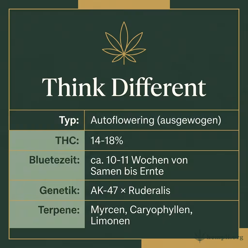 Infografik mit Think Different Key Facts: Typ Autoflowering (ausgewogen), THC 14-18%, Bluetezeit ca. 10-11 Wochen von Samen bis Ernte, Genetik AK-47 × Ruderalis und Terpene Myrcen, Caryophyllen, Limonen