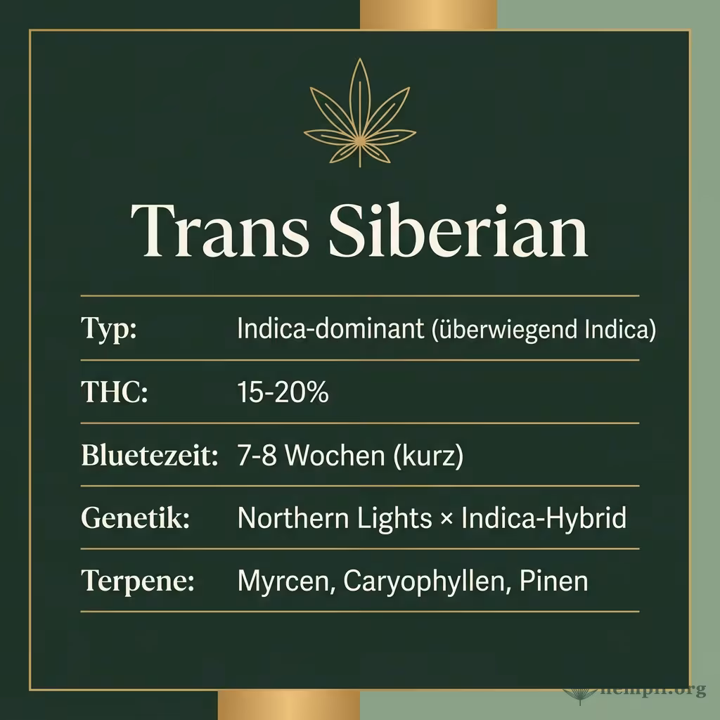 Infografik mit Trans Siberian Key Facts: Typ Indica-dominant (überwiegend Indica), THC 15-20%, Bluetezeit 7-8 Wochen (kurz), Genetik Northern Lights × Indica-Hybrid und Terpene Myrcen, Caryophyllen, Pinen