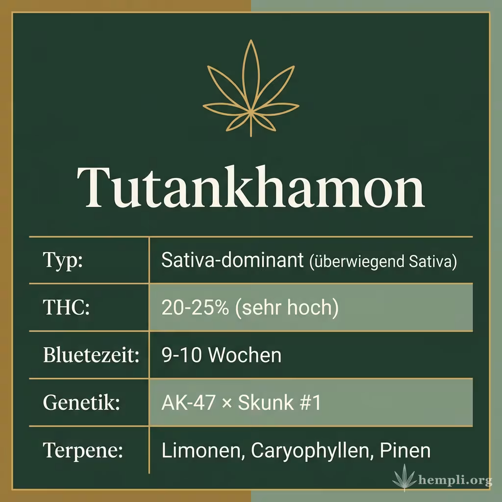 Infografik mit Tutankhamon Key Facts: Typ Sativa-dominant (überwiegend Sativa), THC 20-25% (sehr hoch), Bluetezeit 9-10 Wochen, Genetik AK-47 × Skunk #1 und Terpene Limonen, Caryophyllen, Pinen