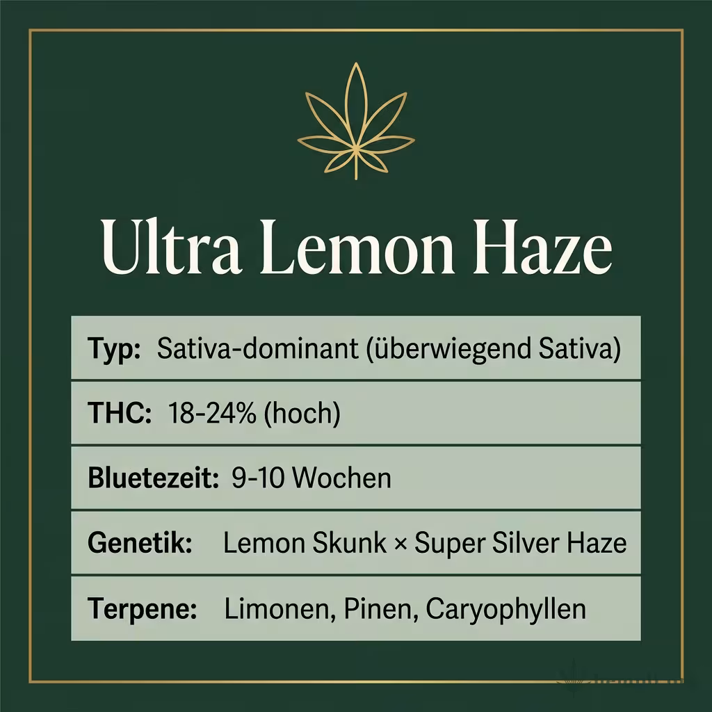 Infografik mit Ultra Lemon Haze Key Facts: Typ Sativa-dominant (überwiegend Sativa), THC 18-24% (hoch), Bluetezeit 9-10 Wochen, Genetik Lemon Skunk × Super Silver Haze und Terpene Limonen, Pinen, Caryophyllen