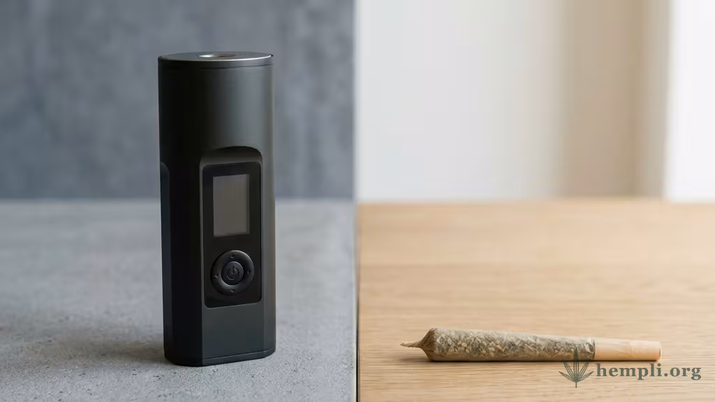 Ein Dry-Herb-Vaporizer links und ein gedrehter Joint rechts auf geteiltem neutralem Hintergrund