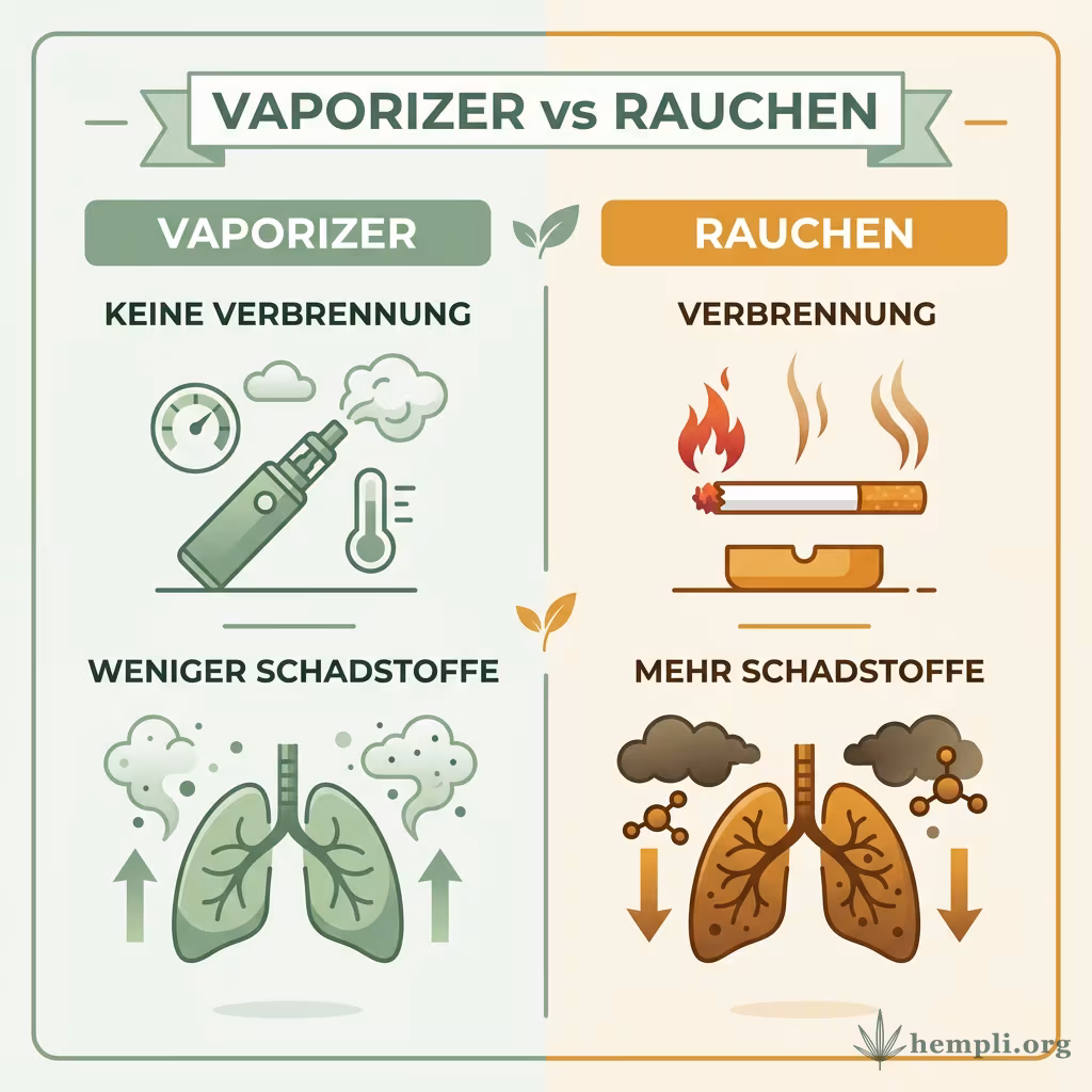 Infografik Vaporizer vs Rauchen: Vaporizer keine Verbrennung und weniger Schadstoffe, Rauchen Verbrennung und mehr Schadstoffe