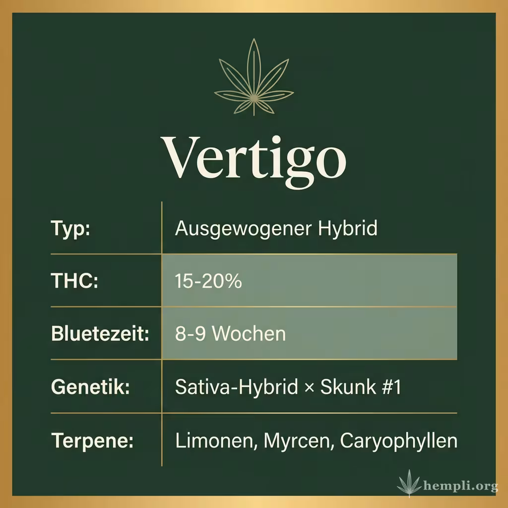 Infografik mit Vertigo Key Facts: Typ Ausgewogener Hybrid, THC 15-20%, Bluetezeit 8-9 Wochen, Genetik Sativa-Hybrid × Skunk #1 und Terpene Limonen, Myrcen, Caryophyllen
