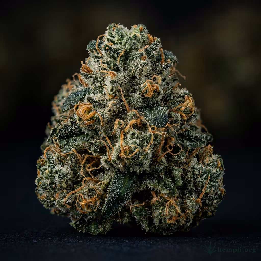 Nahaufnahme einer harzigen Violator Kush-Blüte mit dichten Trichomen und orangefarbenen Blütenstempeln
