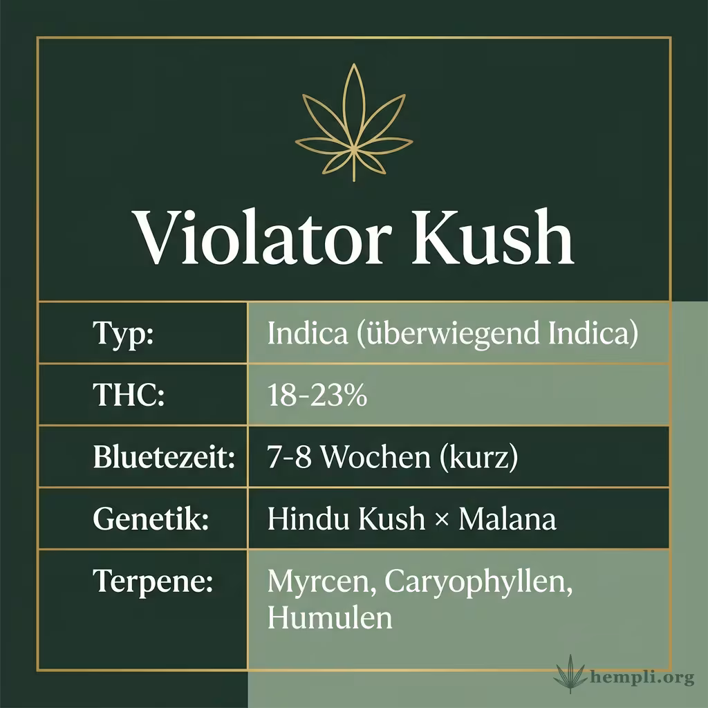 Infografik mit Violator Kush Key Facts: Typ Indica (überwiegend Indica), THC 18-23%, Bluetezeit 7-8 Wochen (kurz), Genetik Hindu Kush × Malana und Terpene Myrcen, Caryophyllen, Humulen