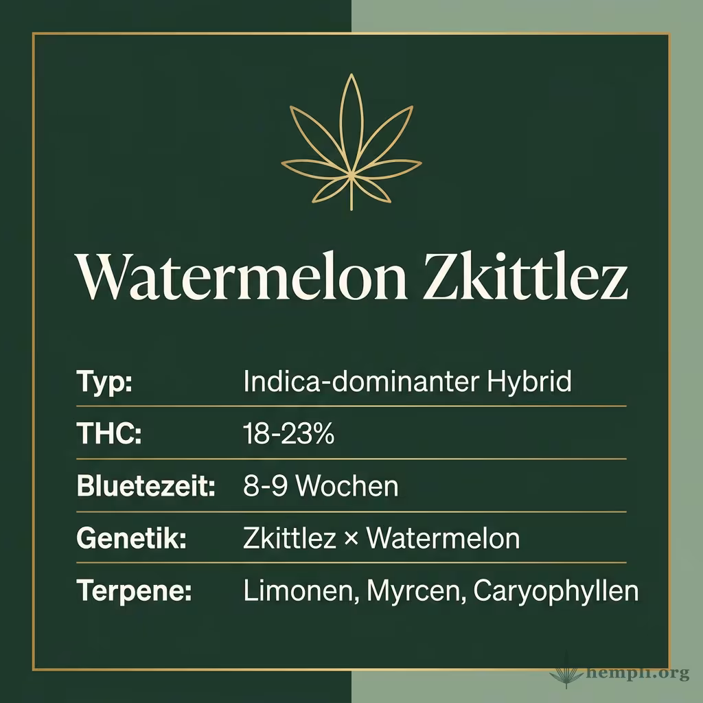 Infografik mit Watermelon Zkittlez Key Facts: Typ Indica-dominanter Hybrid, THC 18-23%, Bluetezeit 8-9 Wochen, Genetik Zkittlez × Watermelon und Terpene Limonen, Myrcen, Caryophyllen