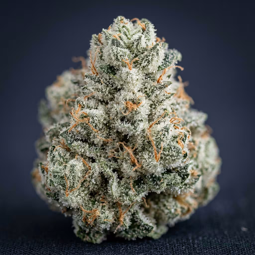 Nahaufnahme einer dichten, harzigen Wedding-Cake-Blüte mit hellgrünen Tönen, vielen weißen Trichomen und orangefarbenen Blütenstempeln