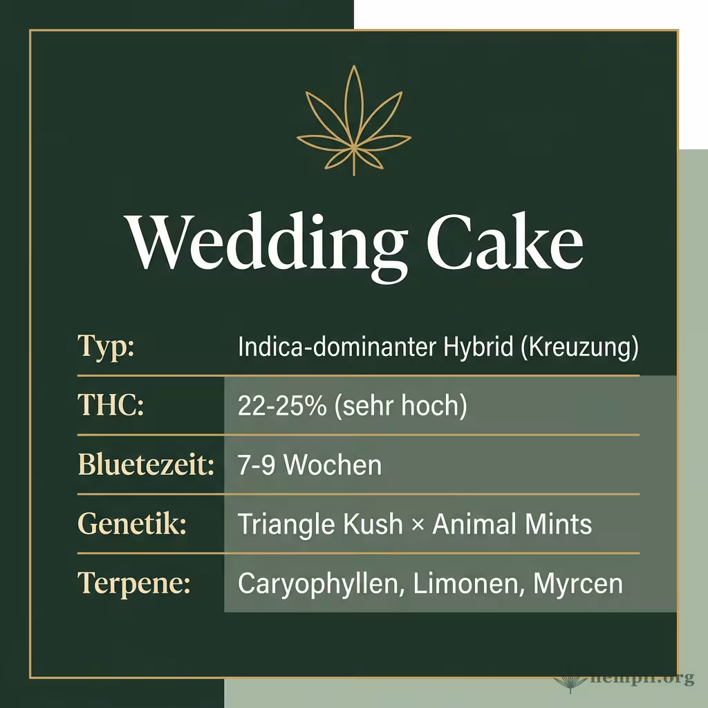 Infografik mit Wedding-Cake Key Facts: Typ Indica-dominant, THC 22-25%, Bluetezeit 7-9 Wochen, Genetik Triangle Kush x Animal Mints und Terpene Caryophyllen, Limonen, Myrcen