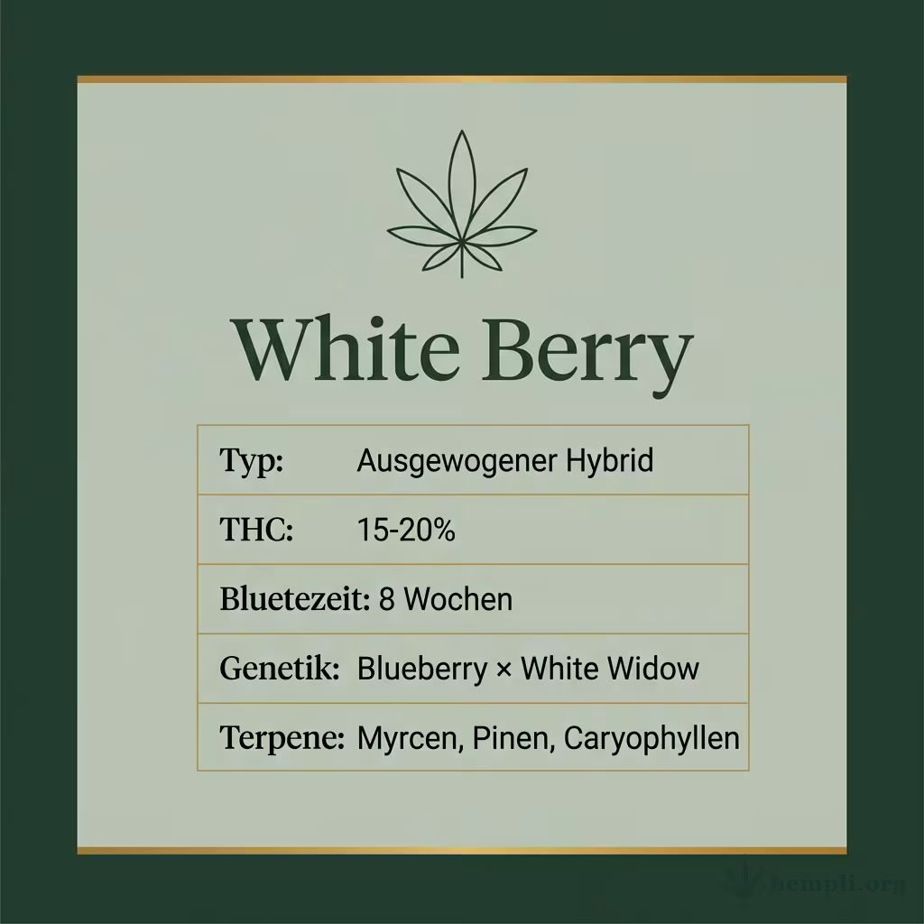 Infografik mit White Berry Key Facts: Typ Ausgewogener Hybrid, THC 15-20%, Bluetezeit 8 Wochen, Genetik Blueberry × White Widow und Terpene Myrcen, Pinen, Caryophyllen