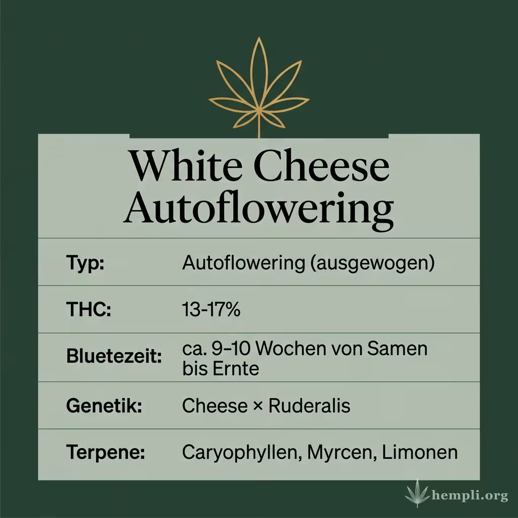 Infografik mit White Cheese Autoflowering Key Facts: Typ Autoflowering (ausgewogen), THC 13-17%, Bluetezeit ca. 9-10 Wochen von Samen bis Ernte, Genetik Cheese × Ruderalis und Terpene Caryophyllen, Myrcen, Limonen