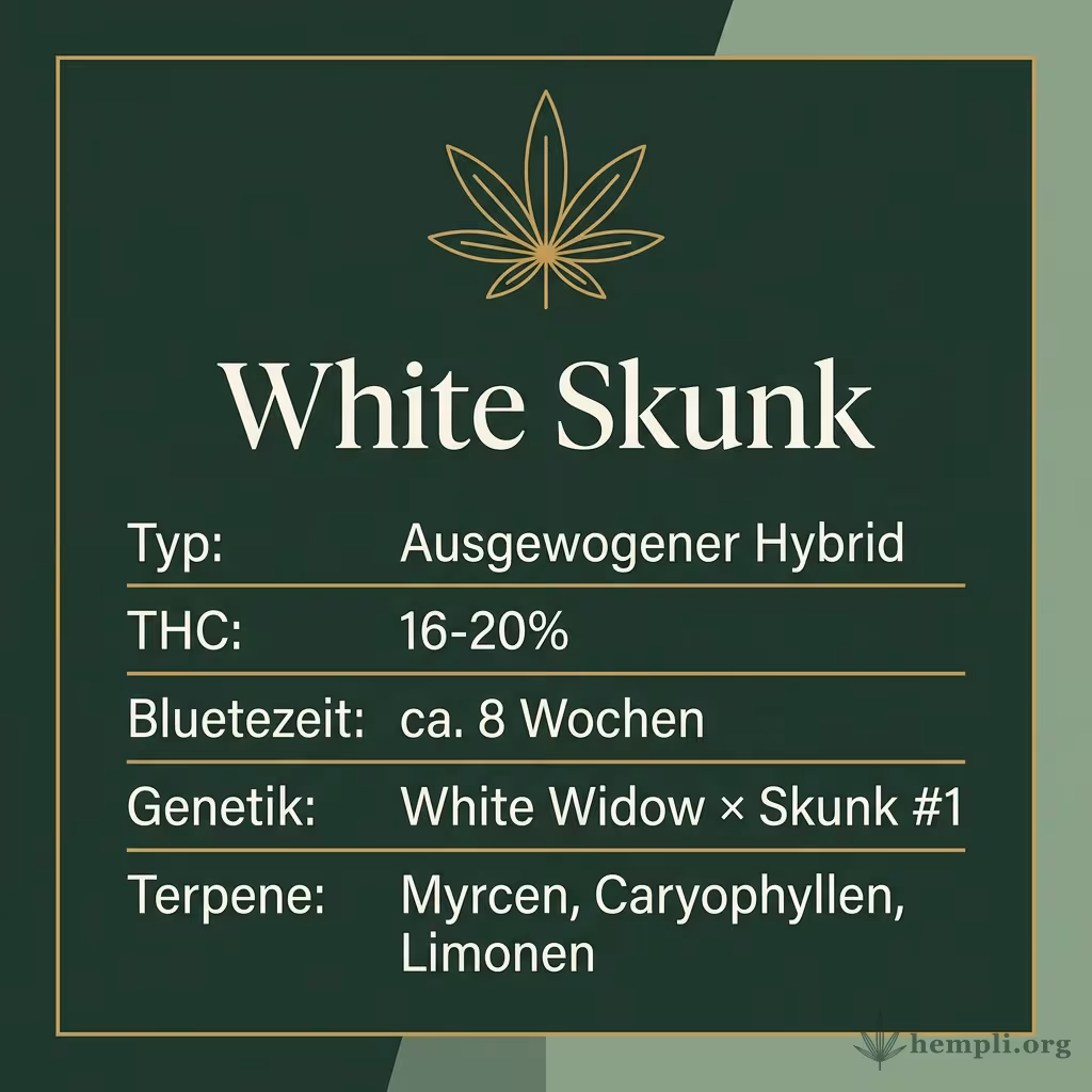 Infografik mit White Skunk Key Facts: Typ Ausgewogener Hybrid, THC 16-20%, Bluetezeit ca. 8 Wochen, Genetik White Widow × Skunk #1 und Terpene Myrcen, Caryophyllen, Limonen