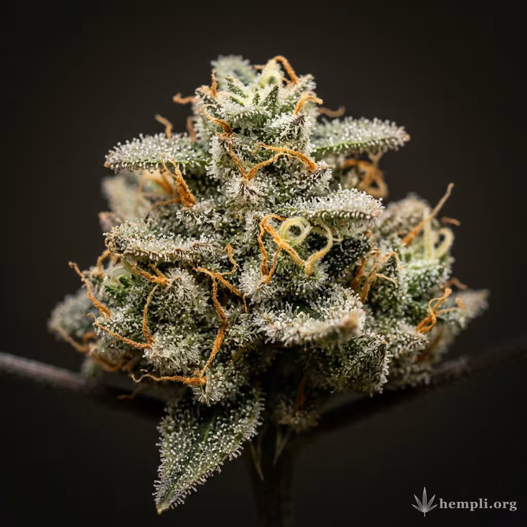 Nahaufnahme einer harzigen White Widow XXL Autoflowering-Blüte mit dichten Trichomen und orangefarbenen Blütenstempeln