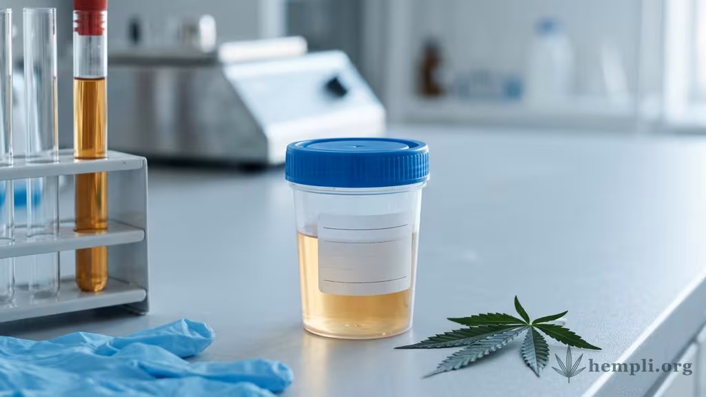 Klinische Laborröhrchen und ein Probenbecher auf sauberer Fläche neben einem kleinen Cannabisblatt