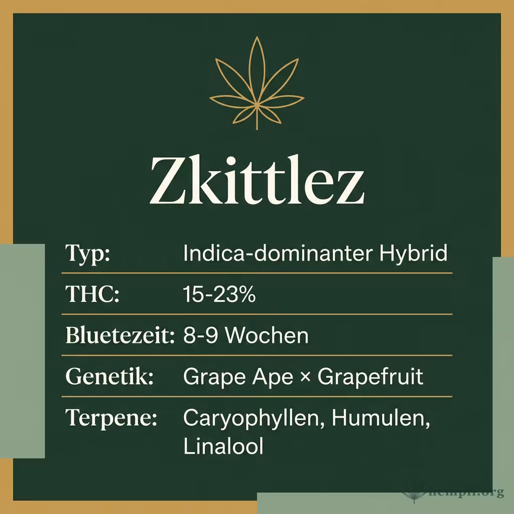 Infografik mit Zkittlez Key Facts: Typ Indica-dominant, THC 15-23%, Bluetezeit 8-9 Wochen, Genetik Grape Ape x Grapefruit und Terpene Caryophyllen, Humulen, Linalool