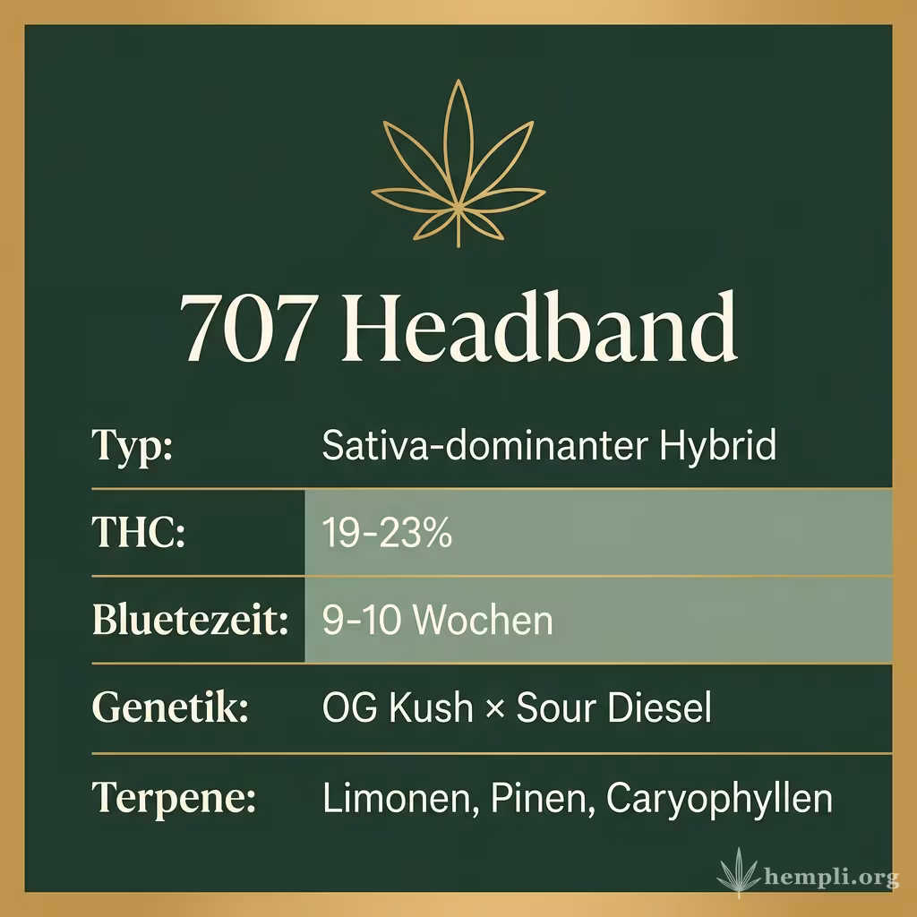 Infografik mit 707 Headband Key Facts: Typ Sativa-dominanter Hybrid, THC 19-23%, Bluetezeit 9-10 Wochen, Genetik OG Kush × Sour Diesel und Terpene Limonen, Pinen, Caryophyllen