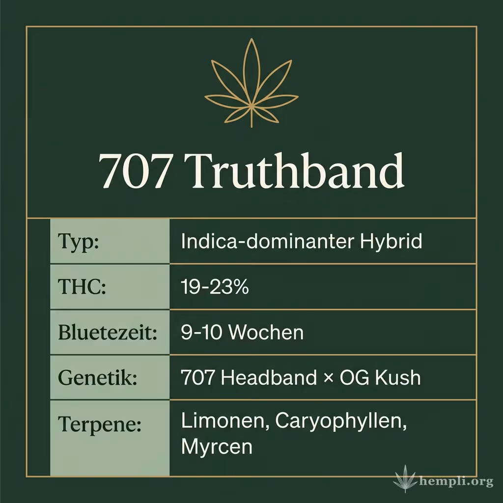 Infografik mit 707 Truthband Key Facts: Typ Indica-dominanter Hybrid, THC 19-23%, Bluetezeit 9-10 Wochen, Genetik 707 Headband × OG Kush und Terpene Limonen, Caryophyllen, Myrcen