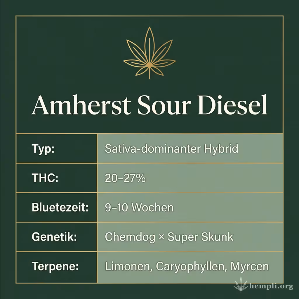 Infografik mit Amherst Sour Diesel Key Facts: Typ Sativa-dominanter Hybrid, THC 20-27%, Bluetezeit 9-10 Wochen, Genetik Chemdog × Super Skunk und Terpene Limonen, Caryophyllen, Myrcen