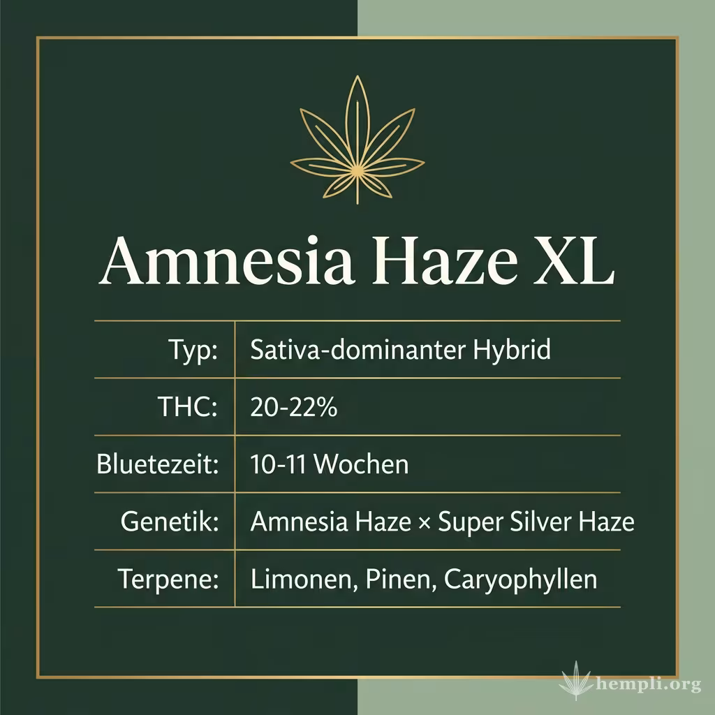 Infografik mit Amnesia Haze XL Key Facts: Typ Sativa-dominanter Hybrid, THC 20-22%, Bluetezeit 10-11 Wochen, Genetik Amnesia Haze × Super Silver Haze und Terpene Limonen, Pinen, Caryophyllen