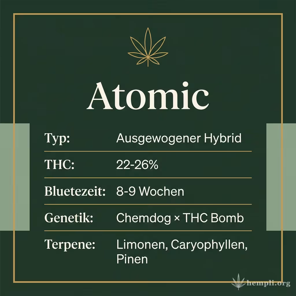 Infografik mit Atomic Key Facts: Typ Ausgewogener Hybrid, THC 22-26%, Bluetezeit 8-9 Wochen, Genetik Chemdog × THC Bomb und Terpene Limonen, Caryophyllen, Pinen