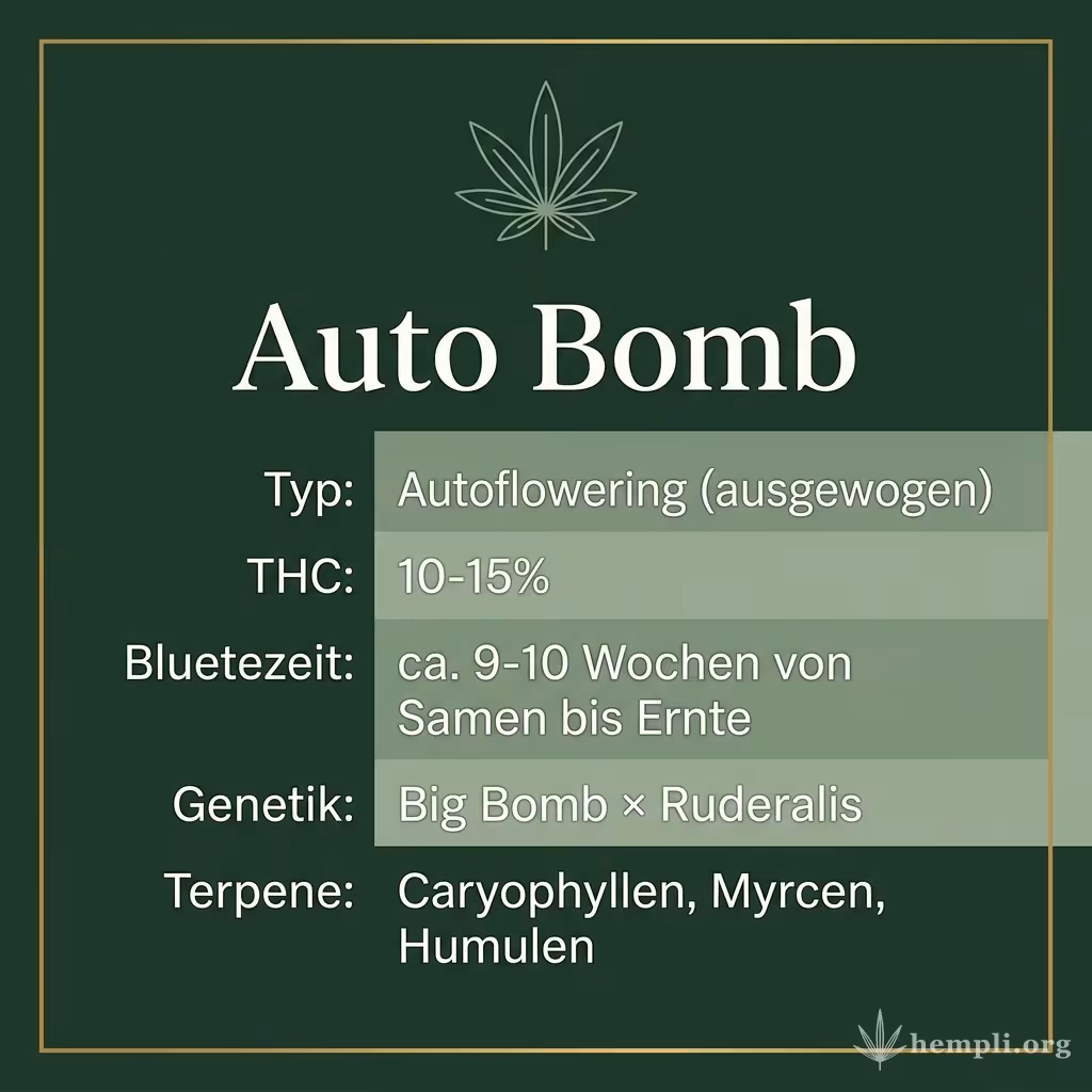 Infografik mit Auto Bomb Key Facts: Typ Autoflowering (ausgewogen), THC 10-15%, Bluetezeit ca. 9-10 Wochen von Samen bis Ernte, Genetik Big Bomb × Ruderalis und Terpene Caryophyllen, Myrcen, Humulen