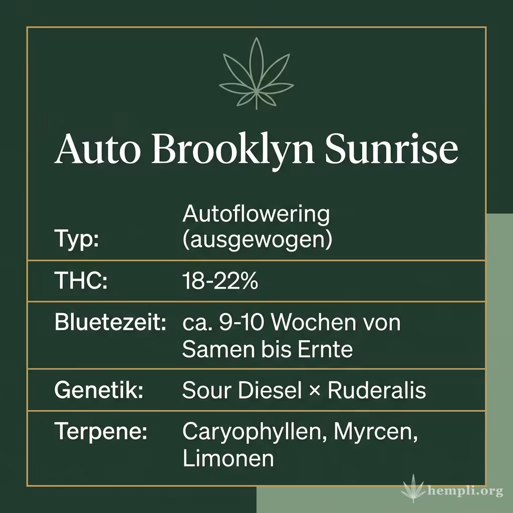 Infografik mit Auto Brooklyn Sunrise Key Facts: Typ Autoflowering (ausgewogen), THC 18-22%, Bluetezeit ca. 9-10 Wochen von Samen bis Ernte, Genetik Sour Diesel × Ruderalis und Terpene Caryophyllen, Myrcen, Limonen