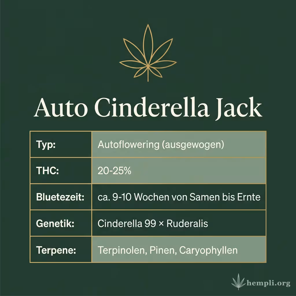 Infografik mit Auto Cinderella Jack Key Facts: Typ Autoflowering (ausgewogen), THC 20-25%, Bluetezeit ca. 9-10 Wochen von Samen bis Ernte, Genetik Cinderella 99 × Ruderalis und Terpene Terpinolen, Pinen, Caryophyllen