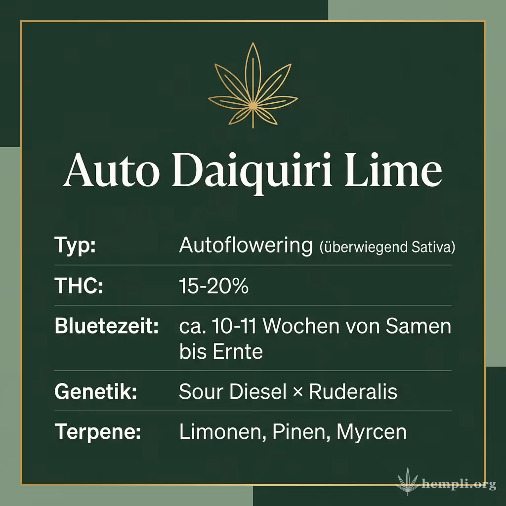 Infografik mit Auto Daiquiri Lime Key Facts: Typ Autoflowering (überwiegend Sativa), THC 15-20%, Bluetezeit ca. 10-11 Wochen von Samen bis Ernte, Genetik Sour Diesel × Ruderalis und Terpene Limonen, Pinen, Myrcen