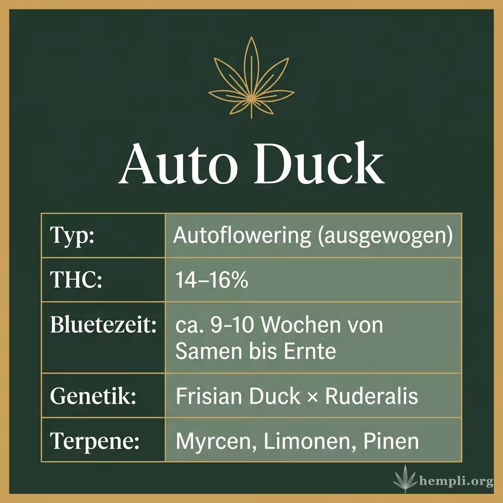 Infografik mit Auto Duck Key Facts: Typ Autoflowering (ausgewogen), THC 14-16%, Bluetezeit ca. 9-10 Wochen von Samen bis Ernte, Genetik Frisian Duck × Ruderalis und Terpene Myrcen, Limonen, Pinen