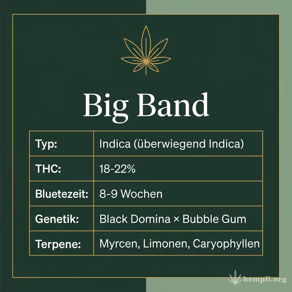 Infografik mit Big Band Key Facts: Typ Indica (überwiegend Indica), THC 18-22%, Bluetezeit 8-9 Wochen, Genetik Black Domina × Bubble Gum und Terpene Myrcen, Limonen, Caryophyllen