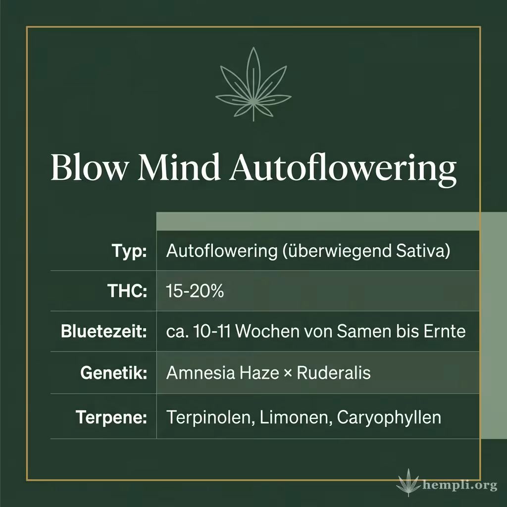 Infografik mit Blow Mind Autoflowering Key Facts: Typ Autoflowering (überwiegend Sativa), THC 15-20%, Bluetezeit ca. 10-11 Wochen von Samen bis Ernte, Genetik Amnesia Haze × Ruderalis und Terpene Terpinolen, Limonen, Caryophyllen