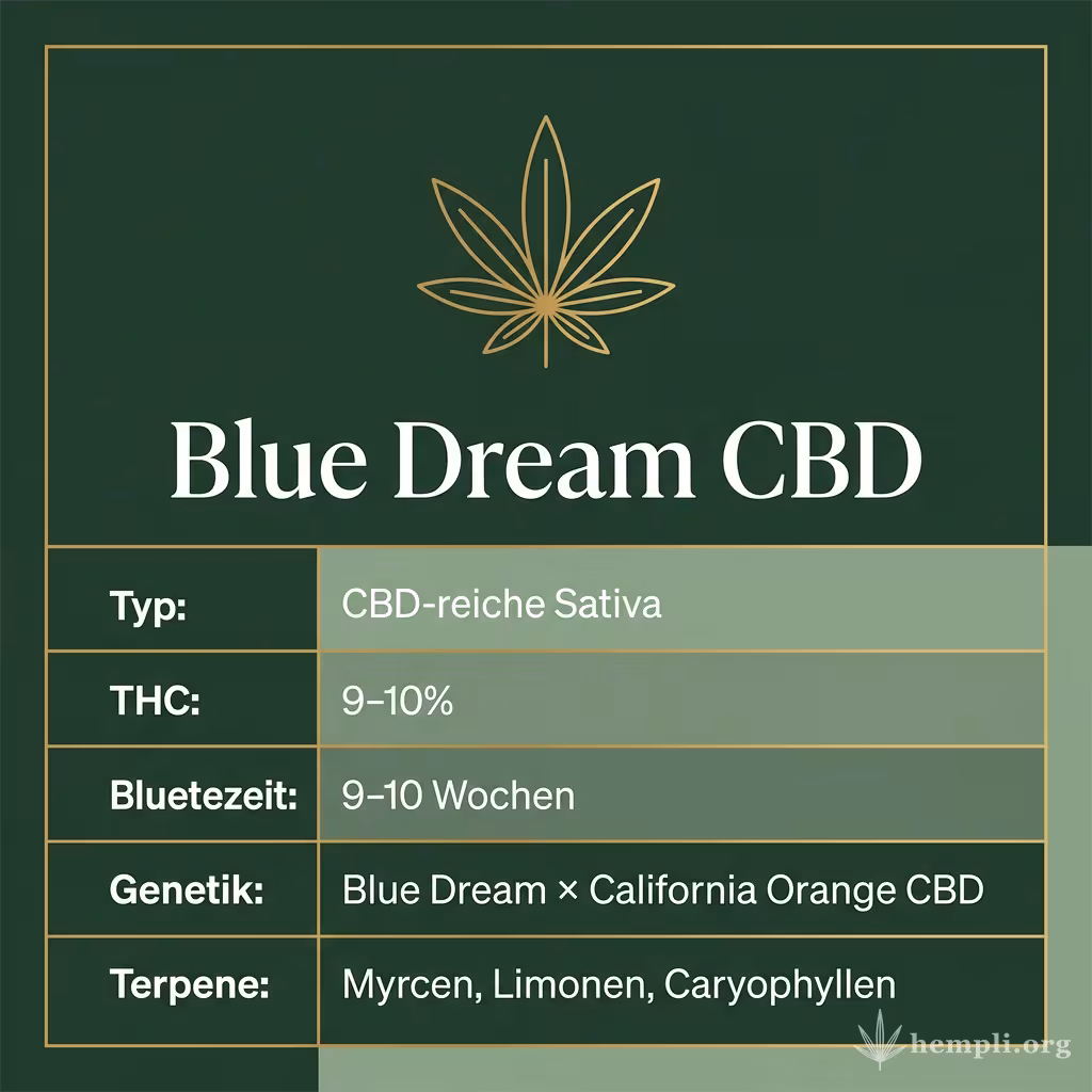 Infografik mit Blue Dream CBD Key Facts: Typ CBD-reiche Sativa, THC 9-10%, Bluetezeit 9-10 Wochen, Genetik Blue Dream × California Orange CBD und Terpene Myrcen, Limonen, Caryophyllen