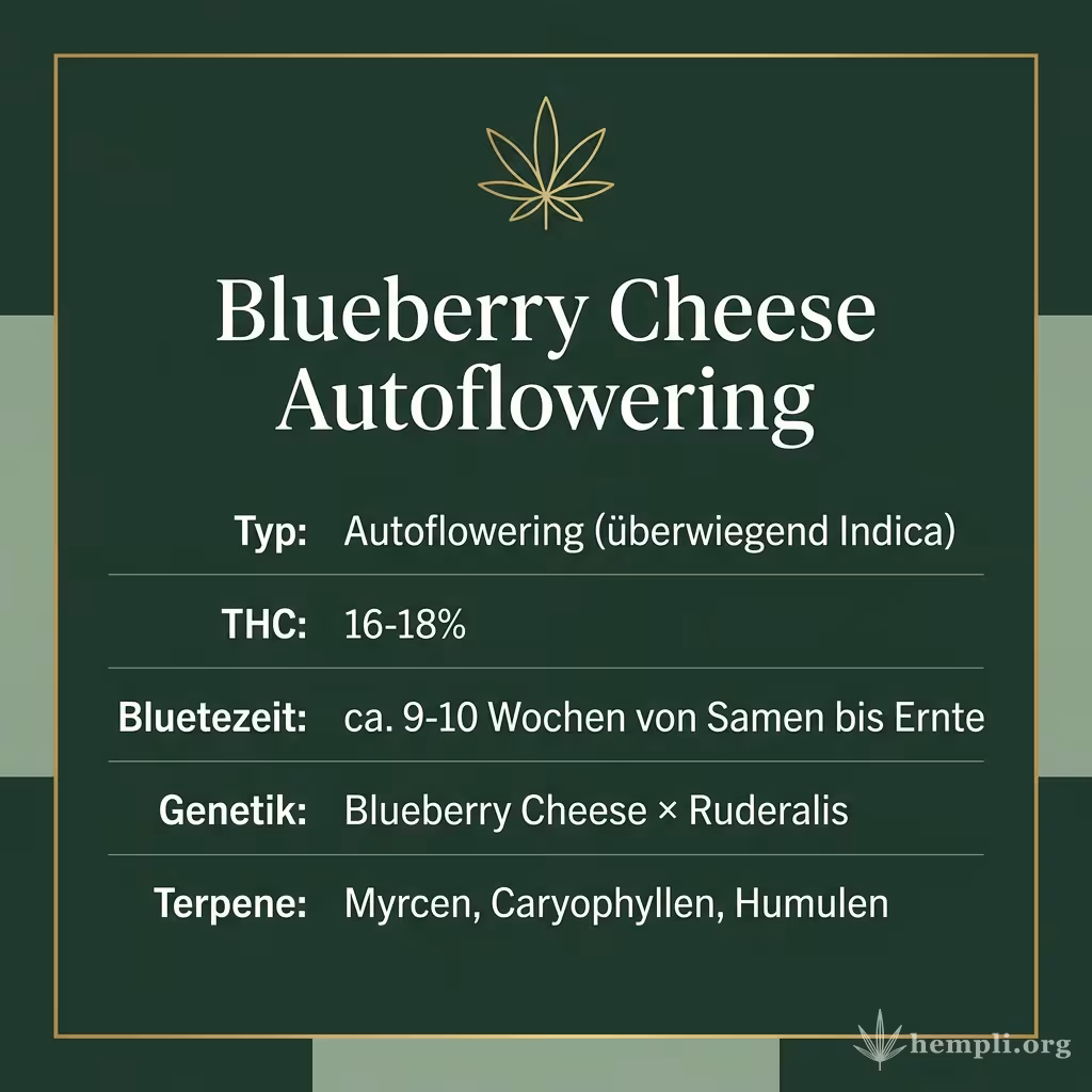Infografik mit Blueberry Cheese Autoflowering Key Facts: Typ Autoflowering (überwiegend Indica), THC 16-18%, Bluetezeit ca. 9-10 Wochen von Samen bis Ernte, Genetik Blueberry Cheese × Ruderalis und Terpene Myrcen, Caryophyllen, Humulen