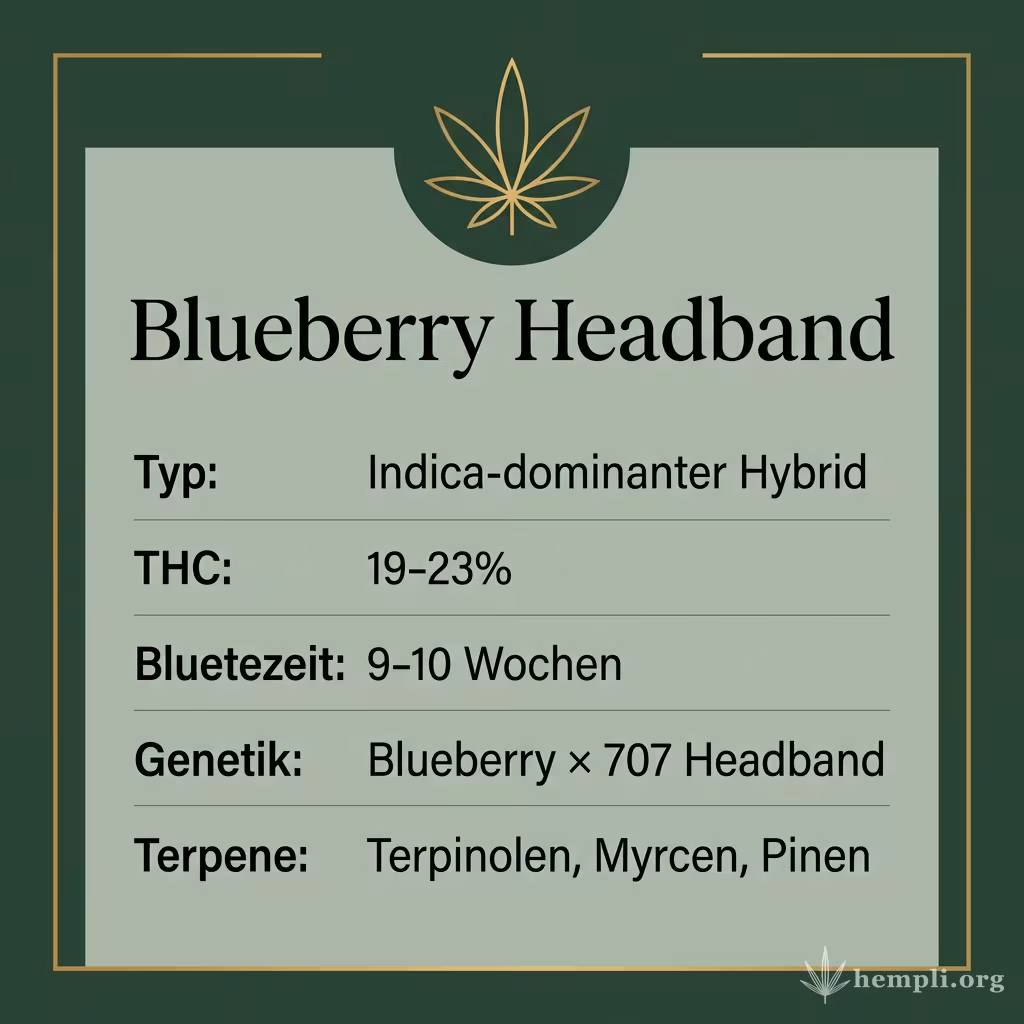Infografik mit Blueberry Headband Key Facts: Typ Indica-dominanter Hybrid, THC 19-23%, Bluetezeit 9-10 Wochen, Genetik Blueberry × 707 Headband und Terpene Terpinolen, Myrcen, Pinen