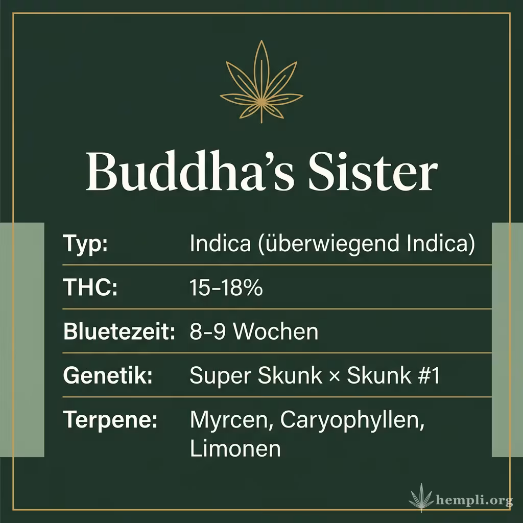 Infografik mit Buddha's Sister Key Facts: Typ Indica (überwiegend Indica), THC 15-18%, Bluetezeit 8-9 Wochen, Genetik Super Skunk × Skunk #1 und Terpene Myrcen, Caryophyllen, Limonen