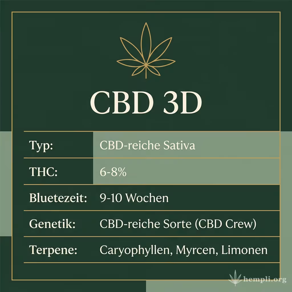 Infografik mit CBD 3D Key Facts: Typ CBD-reiche Sativa, THC 6-8%, Bluetezeit 9-10 Wochen, Genetik CBD-reiche Sorte (CBD Crew) und Terpene Caryophyllen, Myrcen, Limonen