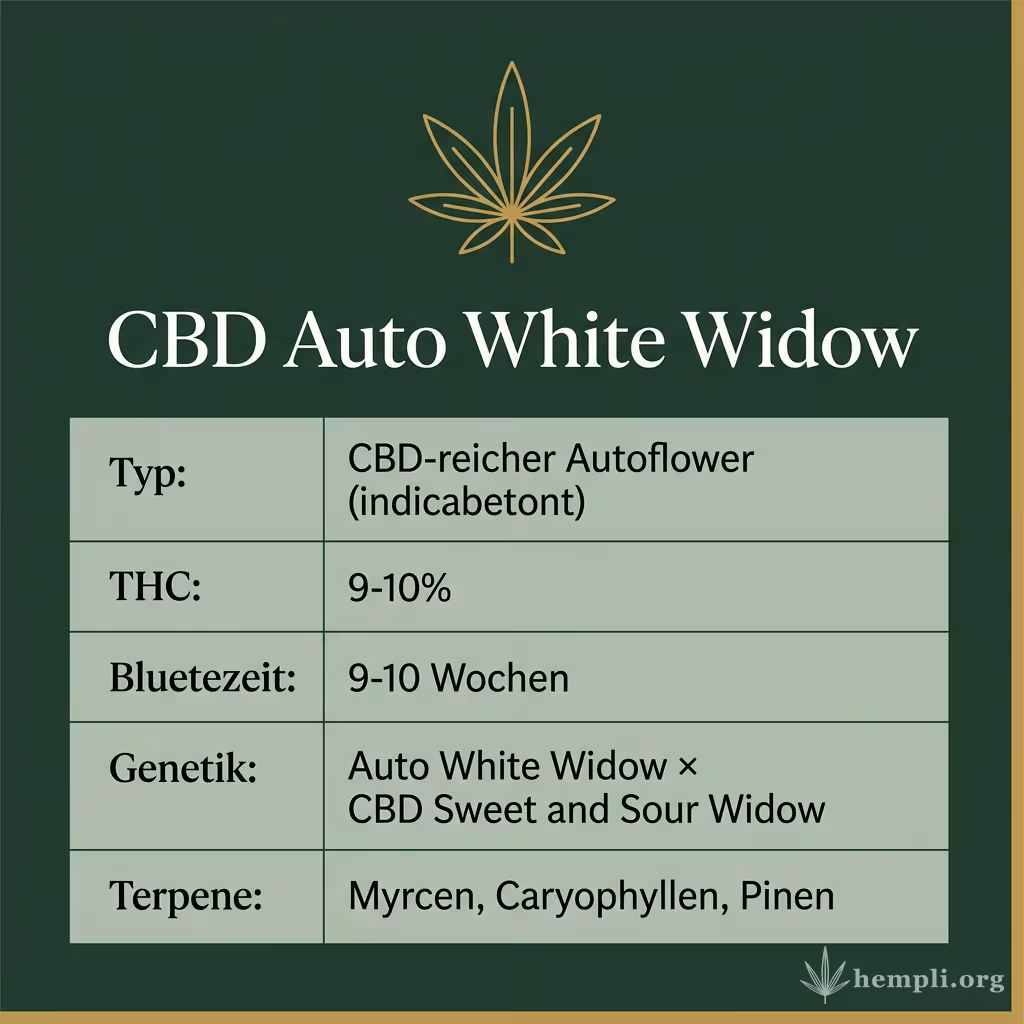 Infografik mit CBD Auto White Widow Key Facts: Typ CBD-reicher Autoflower (indicabetont), THC 9-10%, Bluetezeit 9-10 Wochen, Genetik Auto White Widow × CBD Sweet and Sour Widow und Terpene Myrcen, Caryophyllen, Pinen