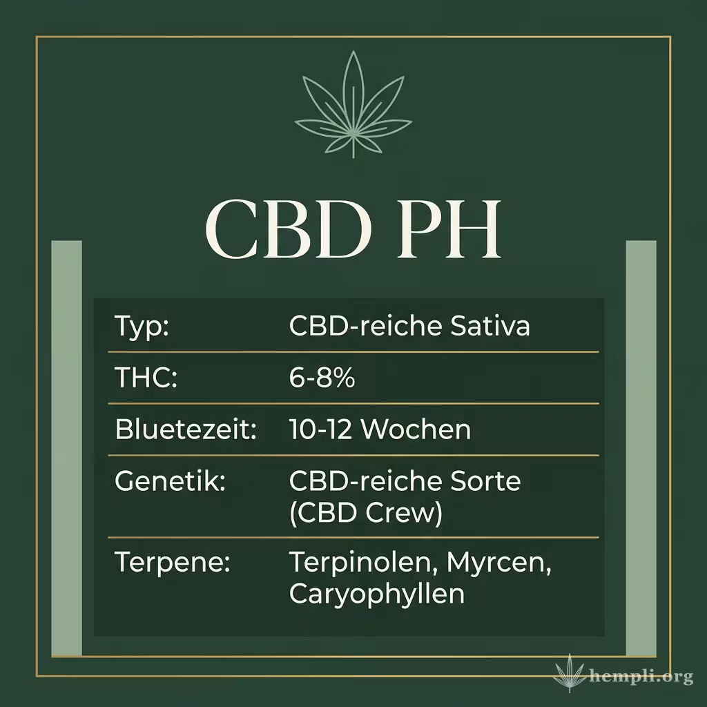 Infografik mit CBD PH Key Facts: Typ CBD-reiche Sativa, THC 6-8%, Bluetezeit 10-12 Wochen, Genetik CBD-reiche Sorte (CBD Crew) und Terpene Terpinolen, Myrcen, Caryophyllen