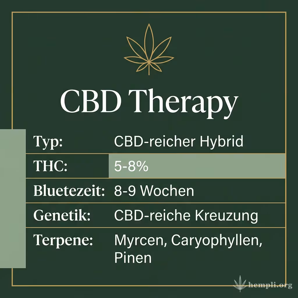 Infografik mit CBD Therapy Key Facts: Typ CBD-reicher Hybrid, THC 5-8%, Bluetezeit 8-9 Wochen, Genetik CBD-reiche Kreuzung und Terpene Myrcen, Caryophyllen, Pinen