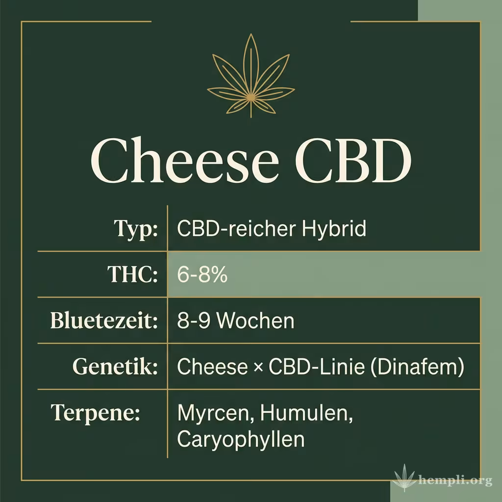 Infografik mit Cheese CBD Key Facts: Typ CBD-reicher Hybrid, THC 6-8%, Bluetezeit 8-9 Wochen, Genetik Cheese × CBD-Linie (Dinafem) und Terpene Myrcen, Humulen, Caryophyllen