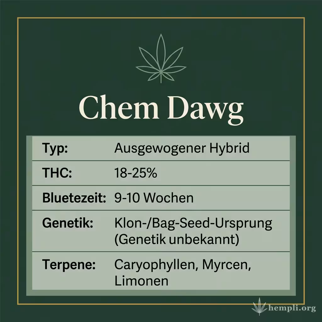 Infografik mit Chem Dawg Key Facts: Typ Ausgewogener Hybrid, THC 18-25%, Bluetezeit 9-10 Wochen, Genetik Klon-/Bag-Seed-Ursprung (Genetik unbekannt) und Terpene Caryophyllen, Myrcen, Limonen